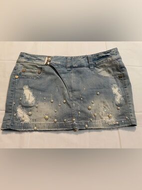 Women’s Light Blue Distressed Denim Mini Skirt with Pearl Embellishments